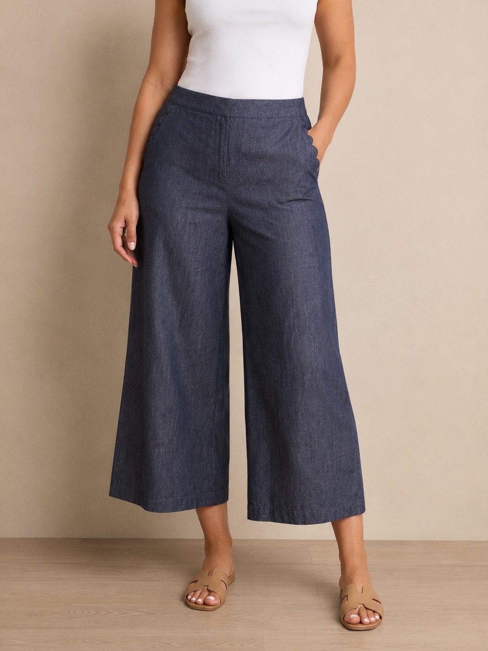 Kika Vargas Wide Leg Cropped Pants Size 14 Blue Chambray  Career Lightweight